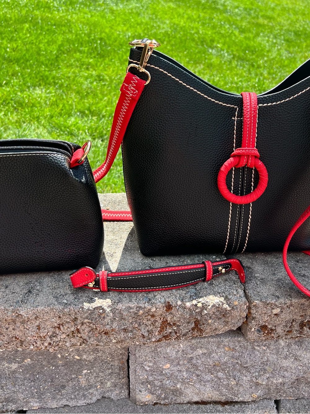 Black & Red Leather Crossbody Bag with Removable Pouch